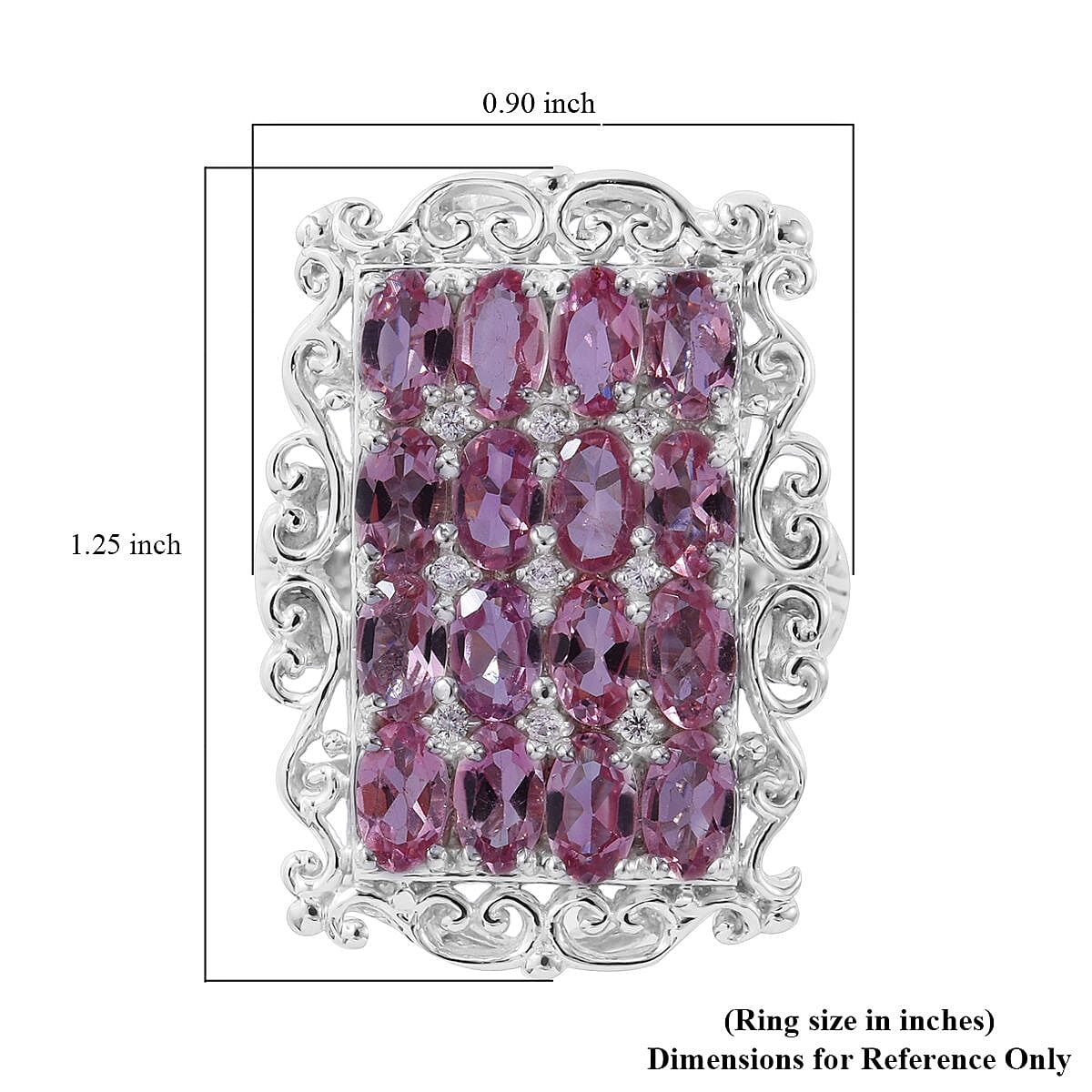 Shade of Pink Tourmaline and White Zircon Elongated Ring in Platinum Over Sterling Silver (Size 7.0) 3.85 ctw image number 4