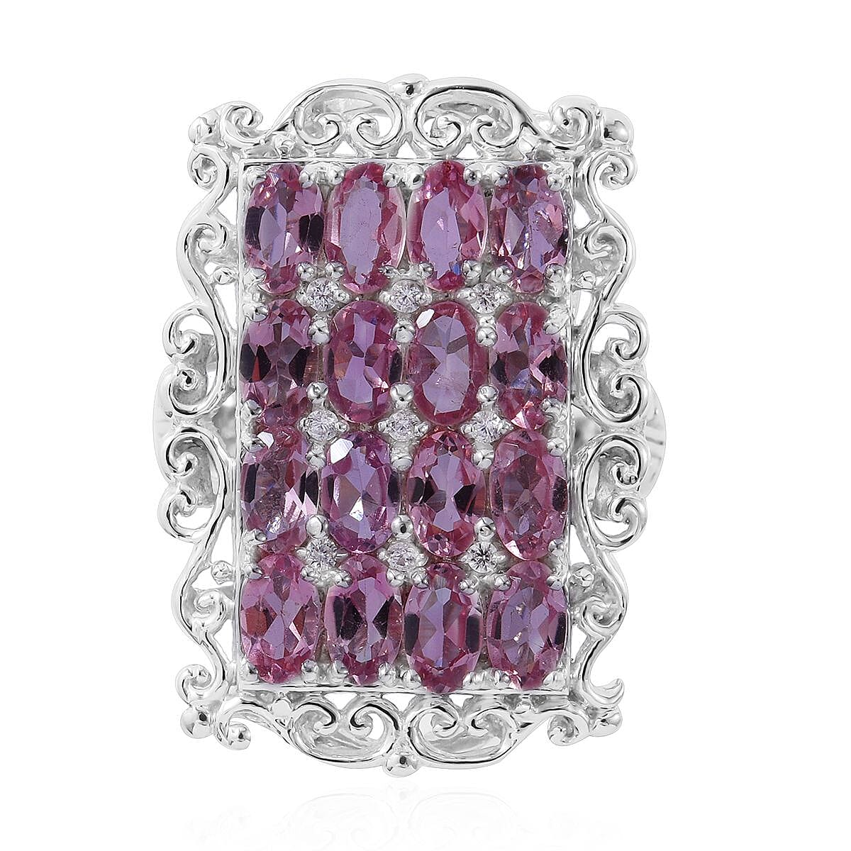 Shade of Pink Tourmaline and White Zircon Elongated Ring in Platinum Over Sterling Silver (Size 8.0) 3.85 ctw image number 0