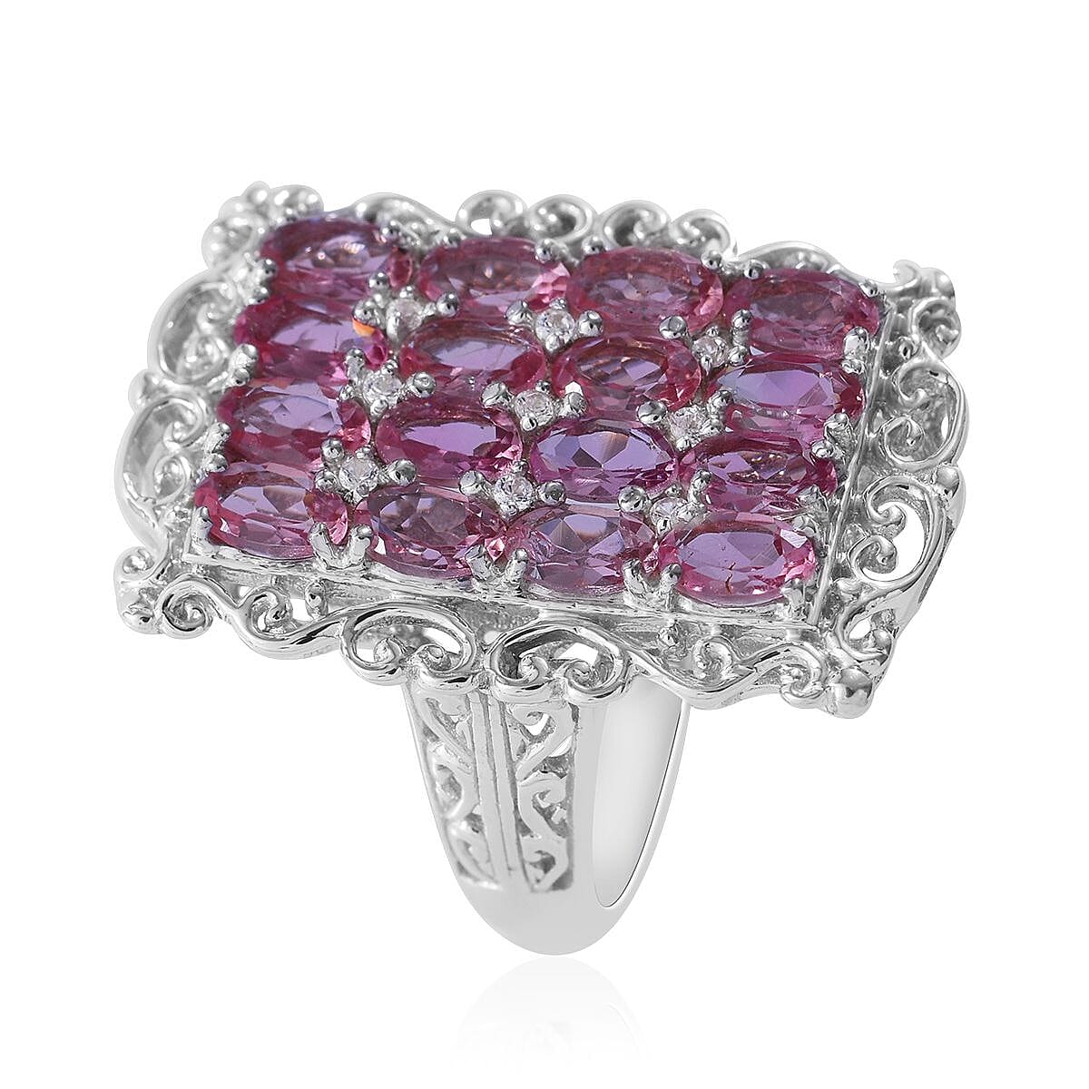 Shade of Pink Tourmaline and White Zircon Elongated Ring in Platinum Over Sterling Silver (Size 8.0) 3.85 ctw image number 2