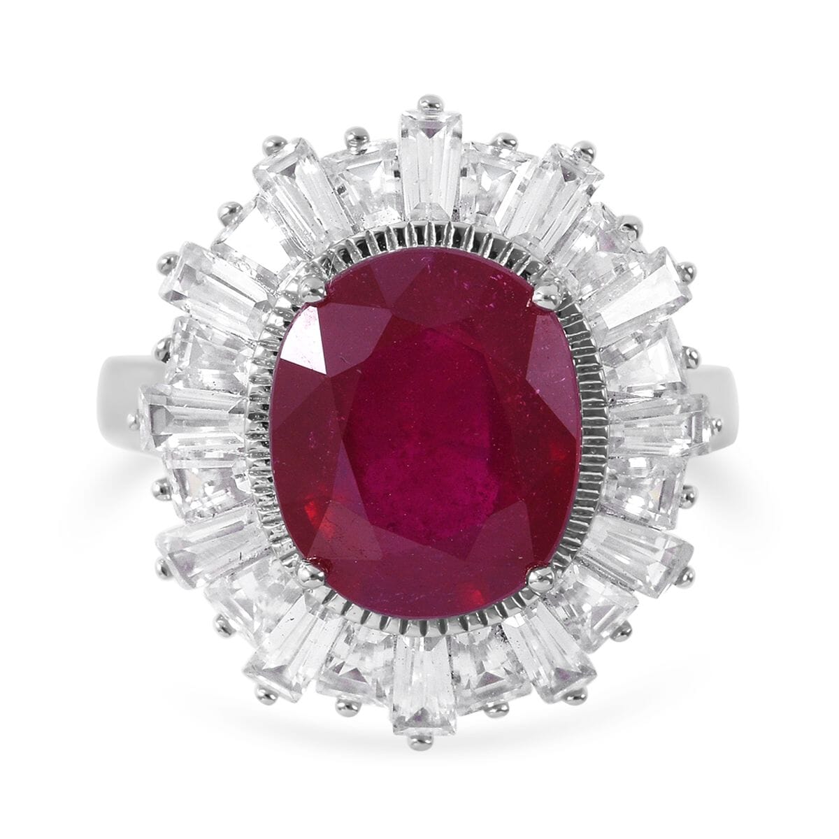 Niassa Ruby (FF) and White Zircon Ballerina Ring in Platinum Over Sterling Silver (Size 10.0) 10.00 ctw image number 0
