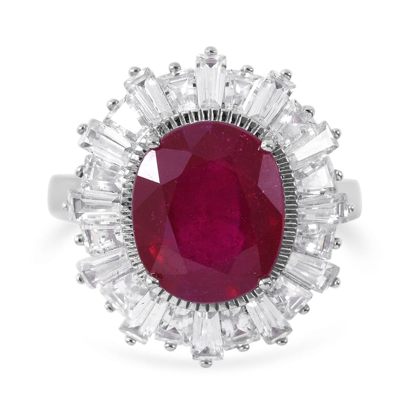 Niassa Ruby (FF) and White Zircon Ballerina Ring in Platinum Over Sterling Silver (Size 10.0) 10.00 ctw