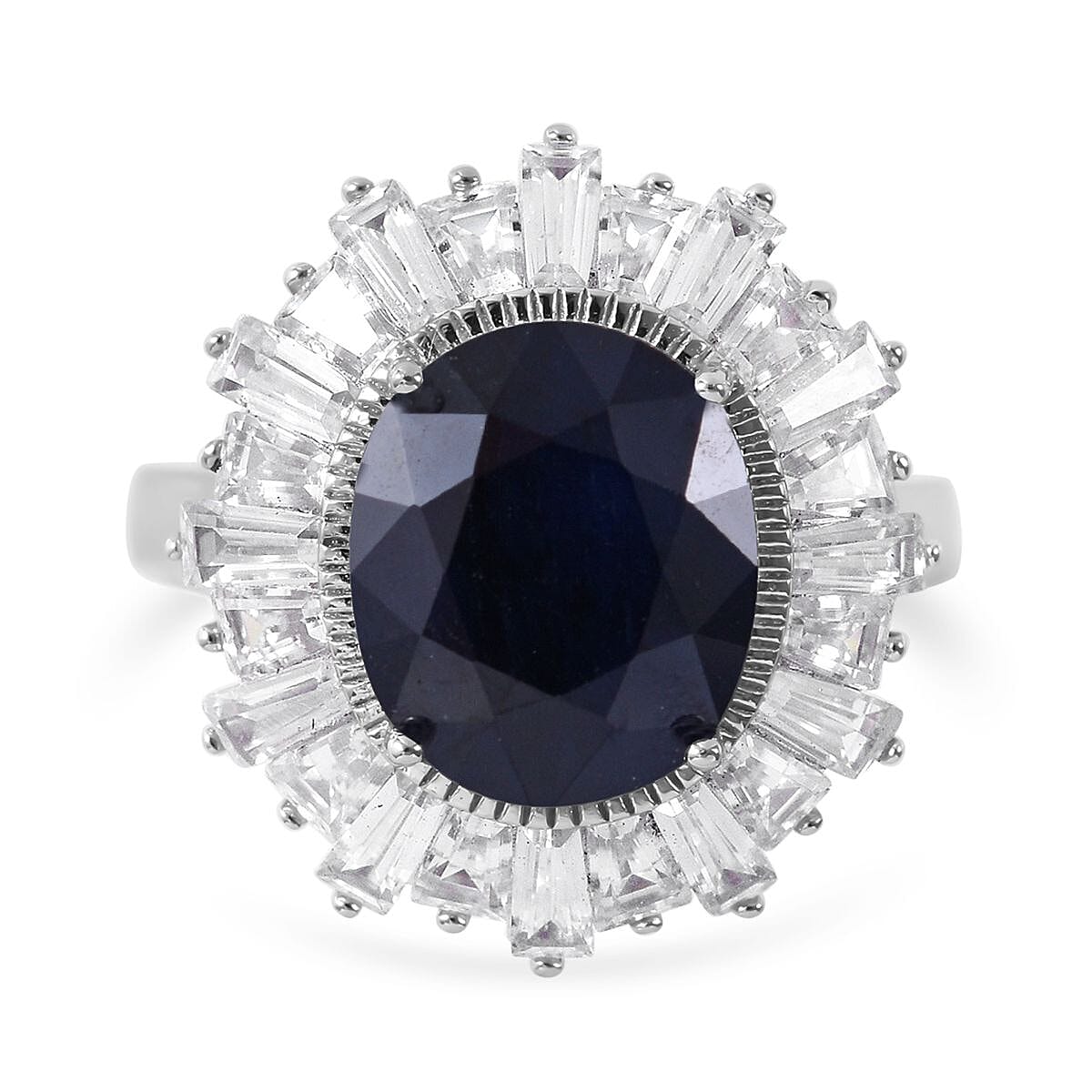 Madagascar Blue Sapphire (DF) and White Zircon Ballerina Ring in Platinum Over Sterling Silver (Size 10.0) 8.90 ctw image number 0