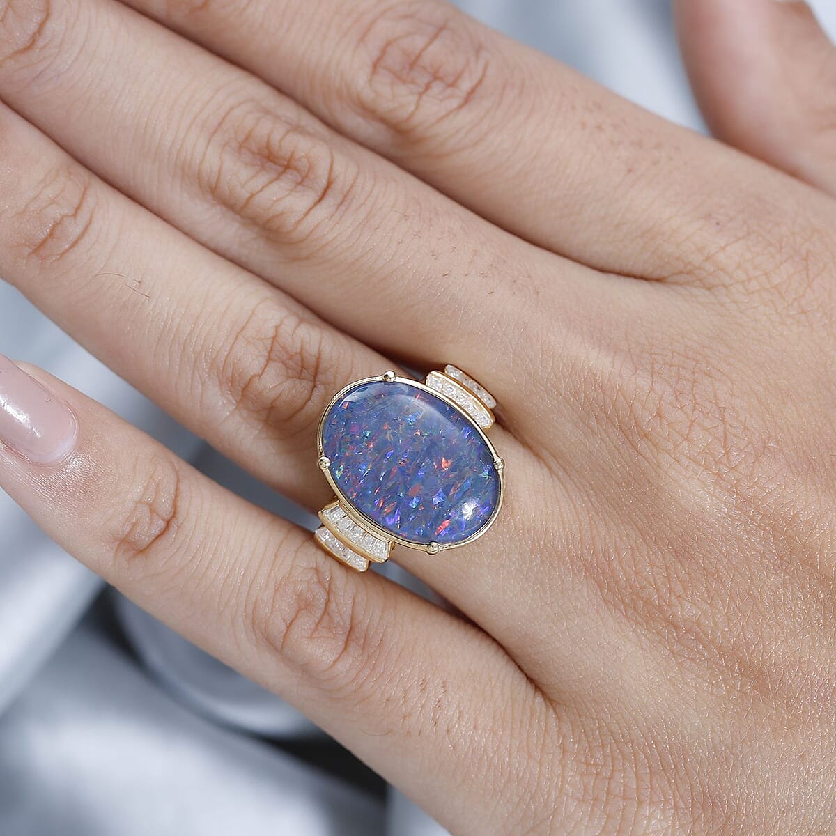 Boulder Opal Triplet and Moissanite Ring in Vermeil Yellow Gold Over Sterling Silver (Size 5.0) 7.15 ctw image number 3