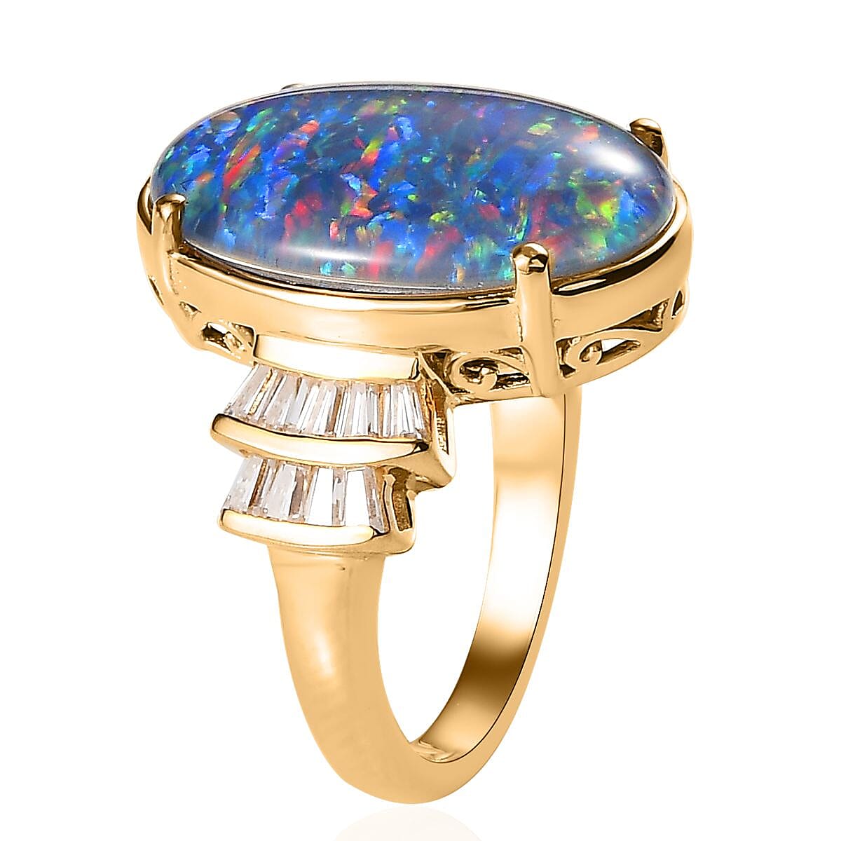 Boulder Opal Triplet and Moissanite Ring in Vermeil Yellow Gold Over Sterling Silver (Size 5.0) 7.15 ctw image number 4