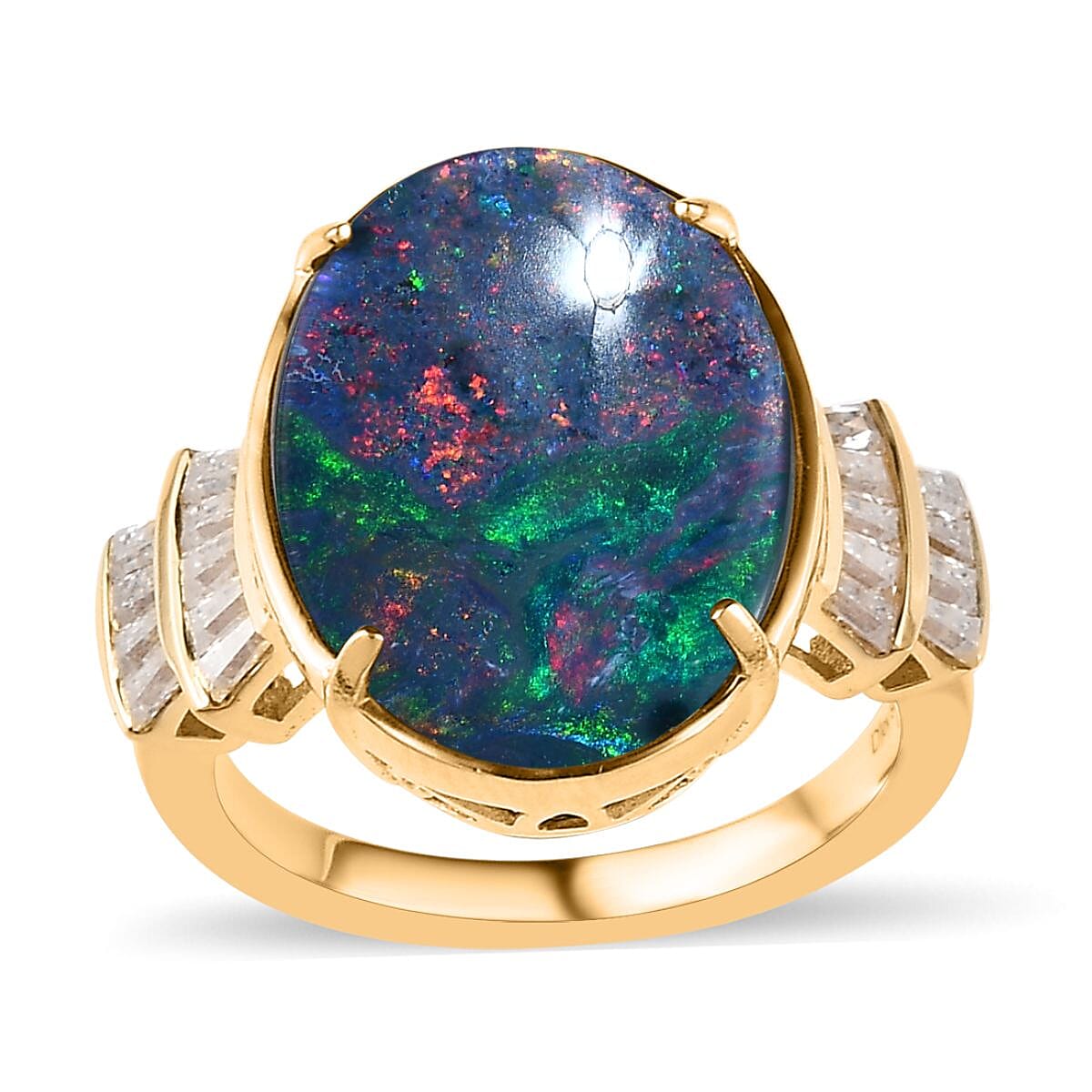 Boulder Opal Triplet and Moissanite Ring in Vermeil Yellow Gold Over Sterling Silver (Size 7.0) 7.15 ctw image number 0