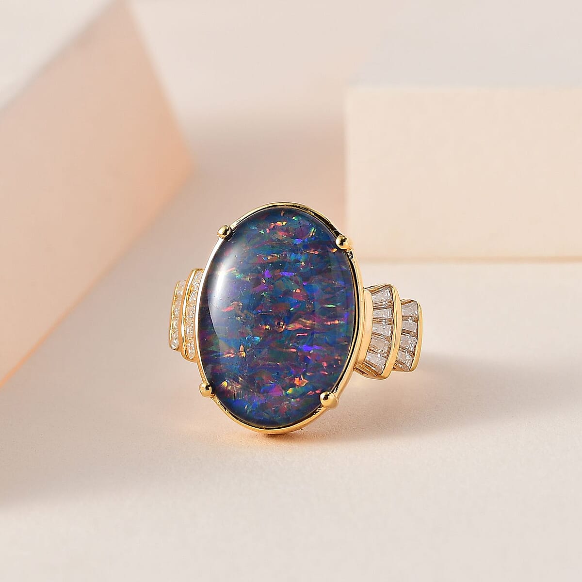 Boulder Opal Triplet and Moissanite Ring in Vermeil Yellow Gold Over Sterling Silver (Size 7.0) 7.15 ctw image number 1