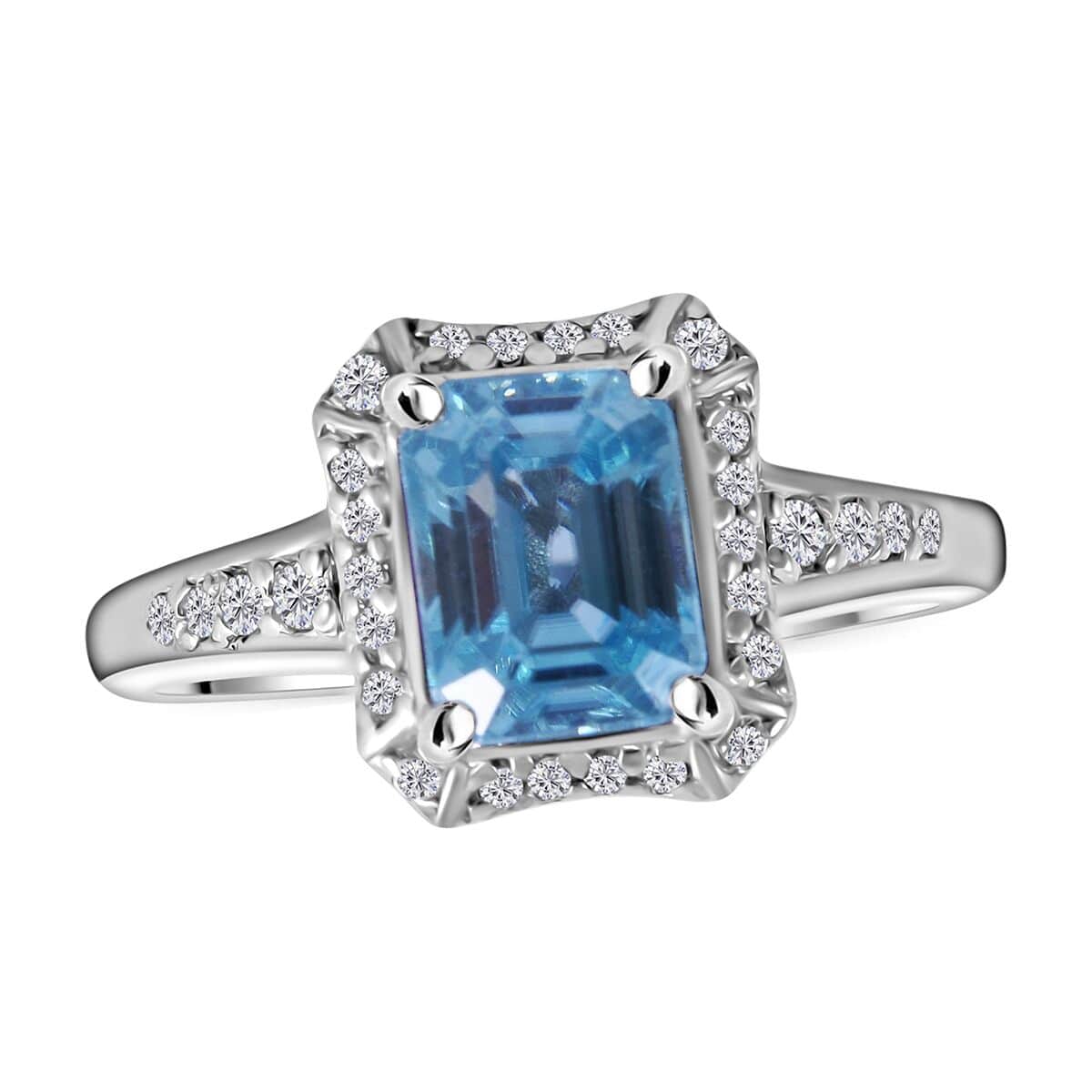 Premium Cambodian Blue Zircon and White Zircon Halo Ring in Platinum Over Sterling Silver (Size 7.0) 2.40 ctw image number 0