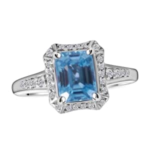 Premium Cambodian Blue Zircon and White Zircon Halo Ring in Platinum Over Sterling Silver (Size 7.0) 2.40 ctw