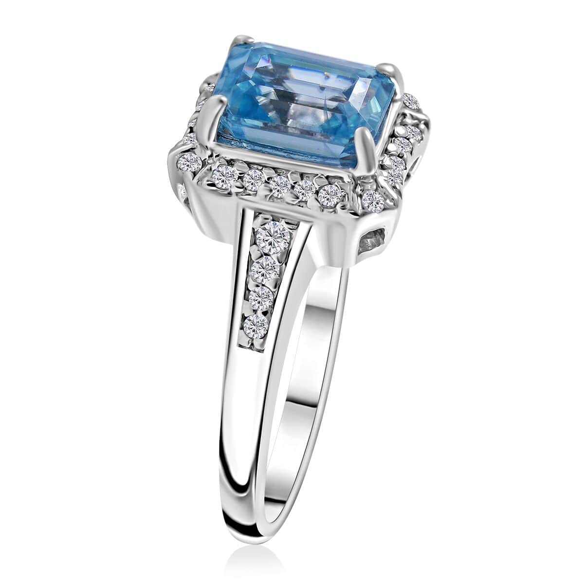 Premium Cambodian Blue Zircon and White Zircon Halo Ring in Platinum Over Sterling Silver (Size 7.0) 2.40 ctw image number 2