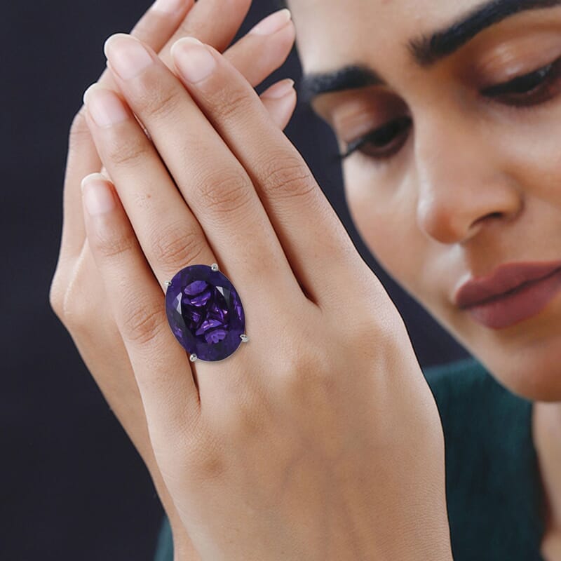 AAA Lusaka Amethyst Solitaire Ring in Platinum Over Sterling Silver (Size 10.0) 51.35 ctw