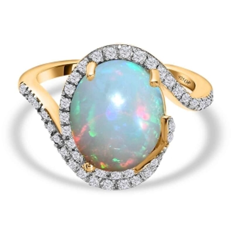 Ethiopian Welo Opal and Moissanite 3.62 ctw Ring in Vermeil Yellow Gold Over Sterling Silver (Size 9)
