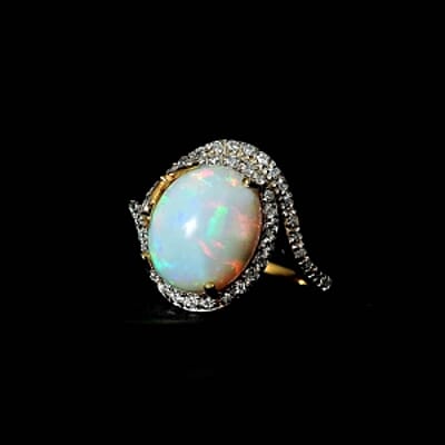 Ethiopian Welo Opal and Moissanite 3.62 ctw Ring in Vermeil Yellow Gold Over Sterling Silver (Size 9)