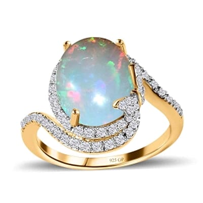 Ethiopian Welo Opal and Moissanite 3.62 ctw Ring in Vermeil Yellow Gold Over Sterling Silver (Size 9)