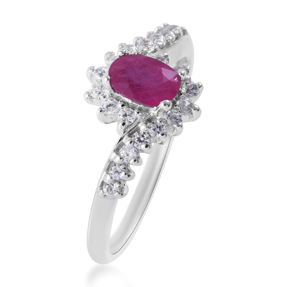 Premium Montepuez Ruby and White Zircon Floral Bypass Ring in Platinum Over Sterling Silver 1.00 ctw image number 2