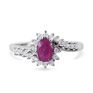 Premium Montepuez Ruby and White Zircon Bypass Ring in Platinum Over Sterling Silver (Size 7.0) 1.10 ctw