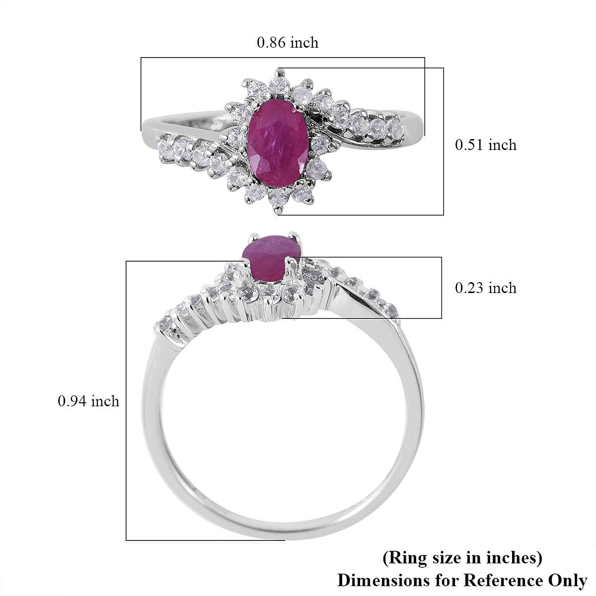 Premium Montepuez Ruby and White Zircon Bypass Ring in Platinum Over Sterling Silver (Size 7.0) 1.10 ctw image number 4