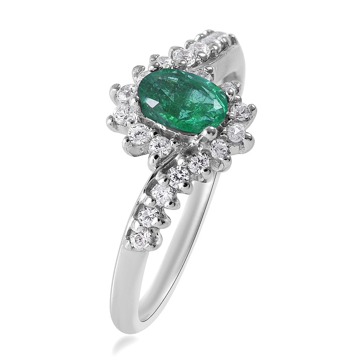 Premium Kagem Zambian Emerald and White Zircon Bypass Ring in Platinum Over Sterling Silver (Size 5.0) 1.00 ctw image number 2