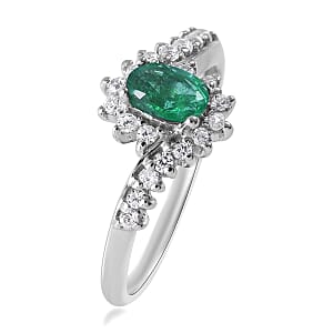 Premium Kagem Zambian Emerald and White Zircon Bypass Ring in Platinum Over Sterling Silver (Size 5.0) 1.00 ctw