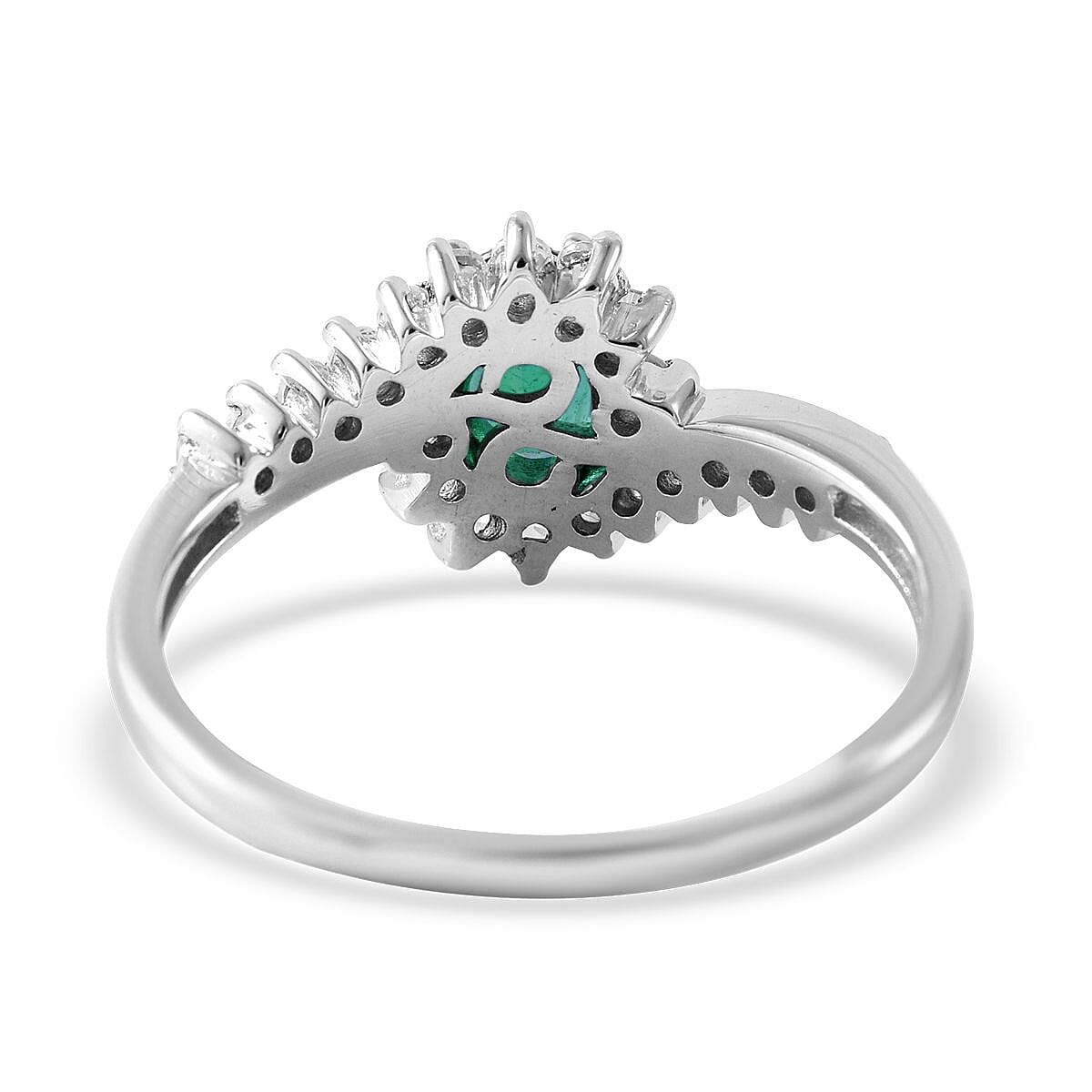 Premium Kagem Zambian Emerald and White Zircon Bypass Ring in Platinum Over Sterling Silver (Size 5.0) 1.00 ctw image number 3