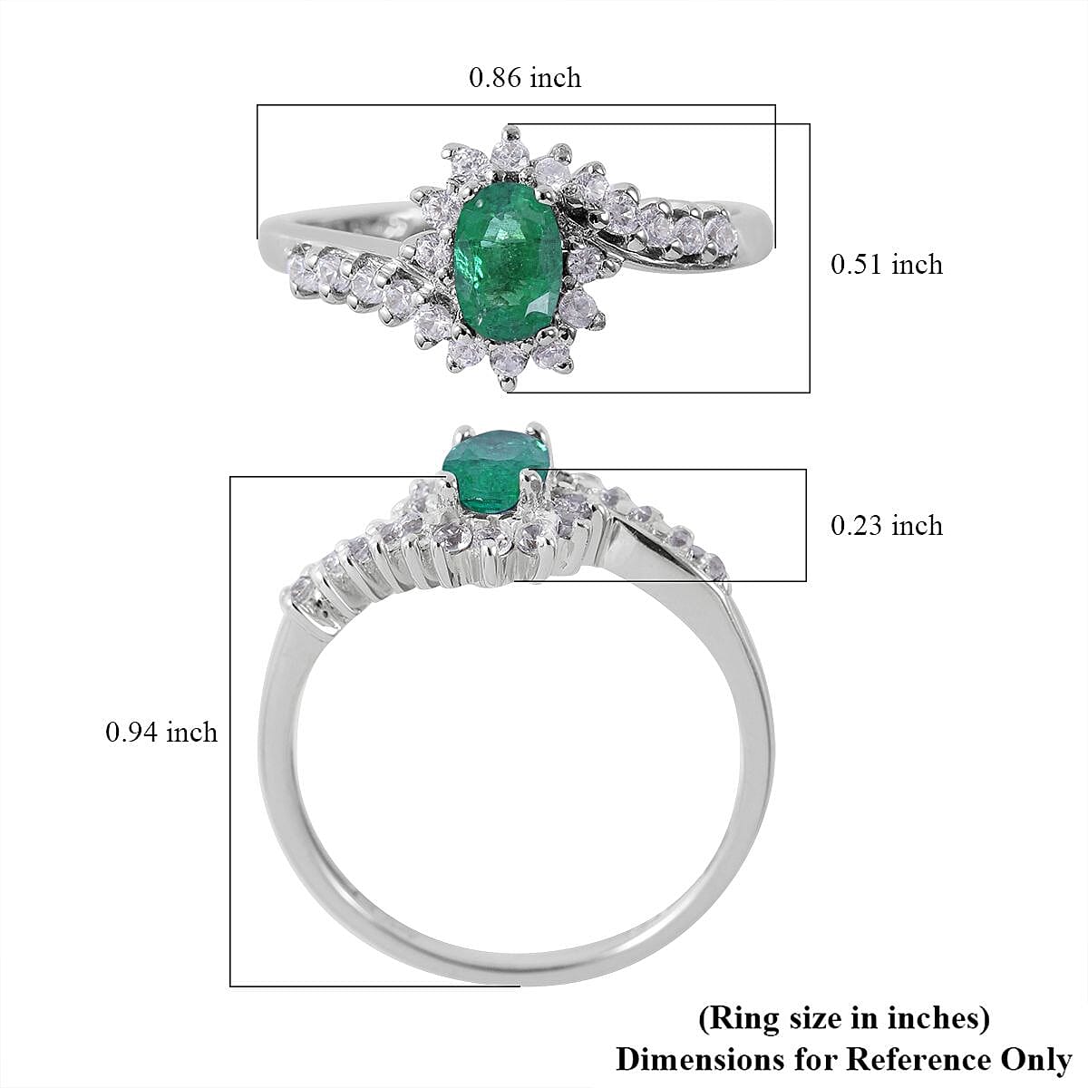 Premium Kagem Zambian Emerald and White Zircon Bypass Ring in Platinum Over Sterling Silver (Size 5.0) 1.00 ctw image number 4