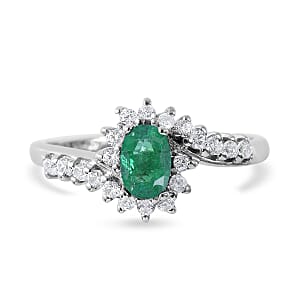 Premium Kagem Zambian Emerald and White Zircon Bypass Ring in Platinum Over Sterling Silver (Size 7.0) 1.00 ctw