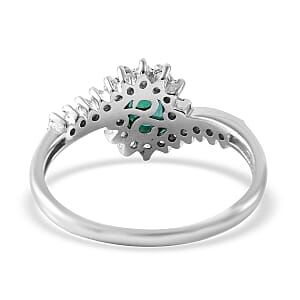 Premium Kagem Zambian Emerald and White Zircon Bypass Ring in Platinum Over Sterling Silver (Size 7.0) 1.00 ctw