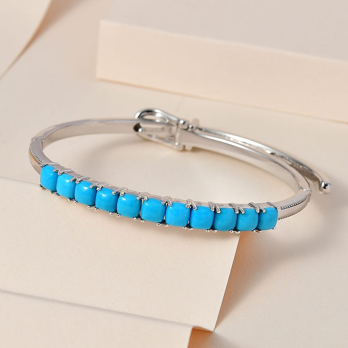 Sleeping Beauty Turquoise Bangle Bracelet in Platinum Over Sterling Silver (6.50-8.00 In) 6.50 ctw image number 1