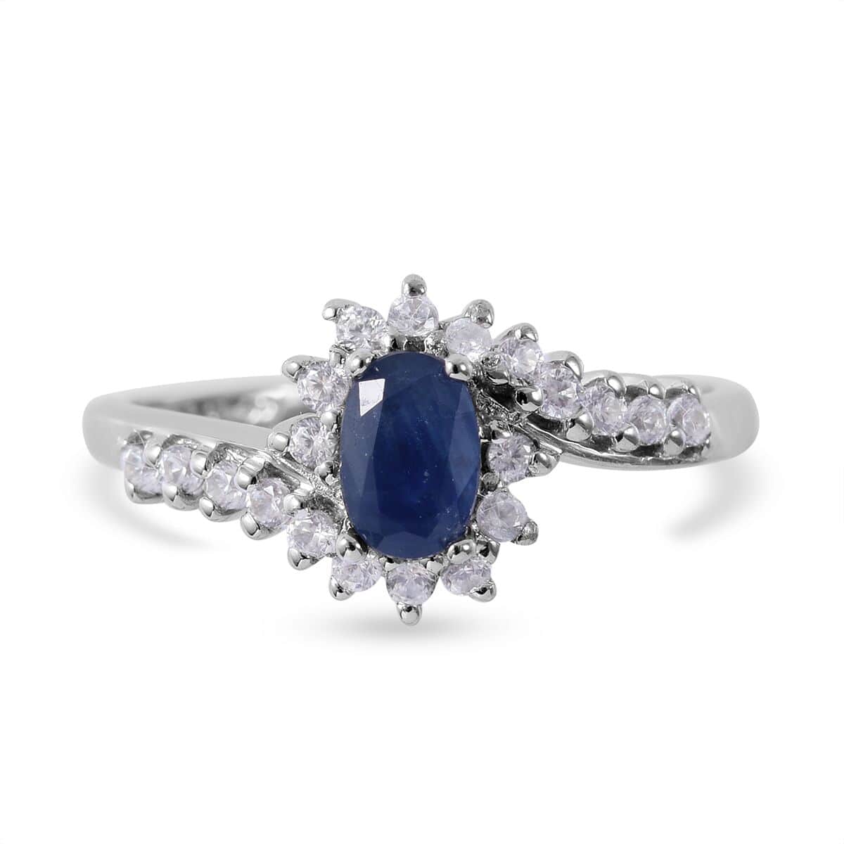 Premium Kanchanaburi Blue Sapphire and White Zircon Floral Ring in Platinum Over Sterling Silver (Size 8.0) 1.10 ctw image number 0