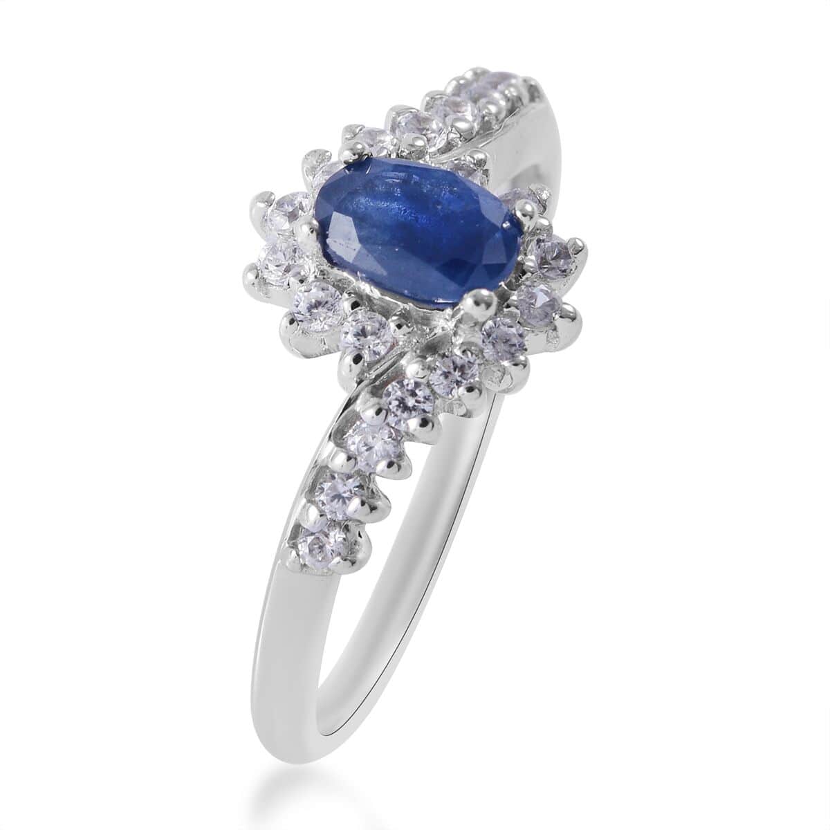 Premium Kanchanaburi Blue Sapphire and White Zircon Floral Ring in Platinum Over Sterling Silver (Size 8.0) 1.10 ctw image number 2