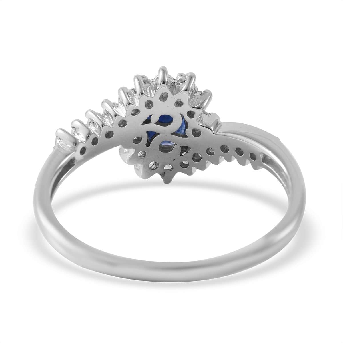 Premium Kanchanaburi Blue Sapphire and White Zircon Floral Ring in Platinum Over Sterling Silver (Size 8.0) 1.10 ctw image number 4