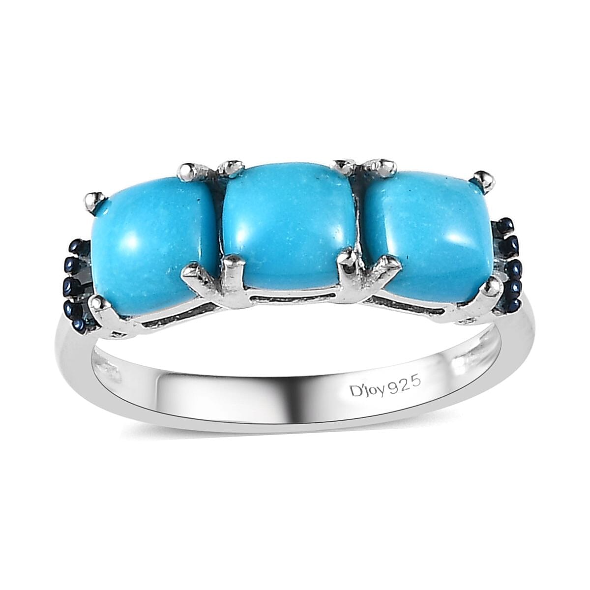 Sleeping Beauty Turquoise and Blue Diamond Trilogy Ring in Platinum Over Sterling Silver (Size 5.0) 1.85 ctw