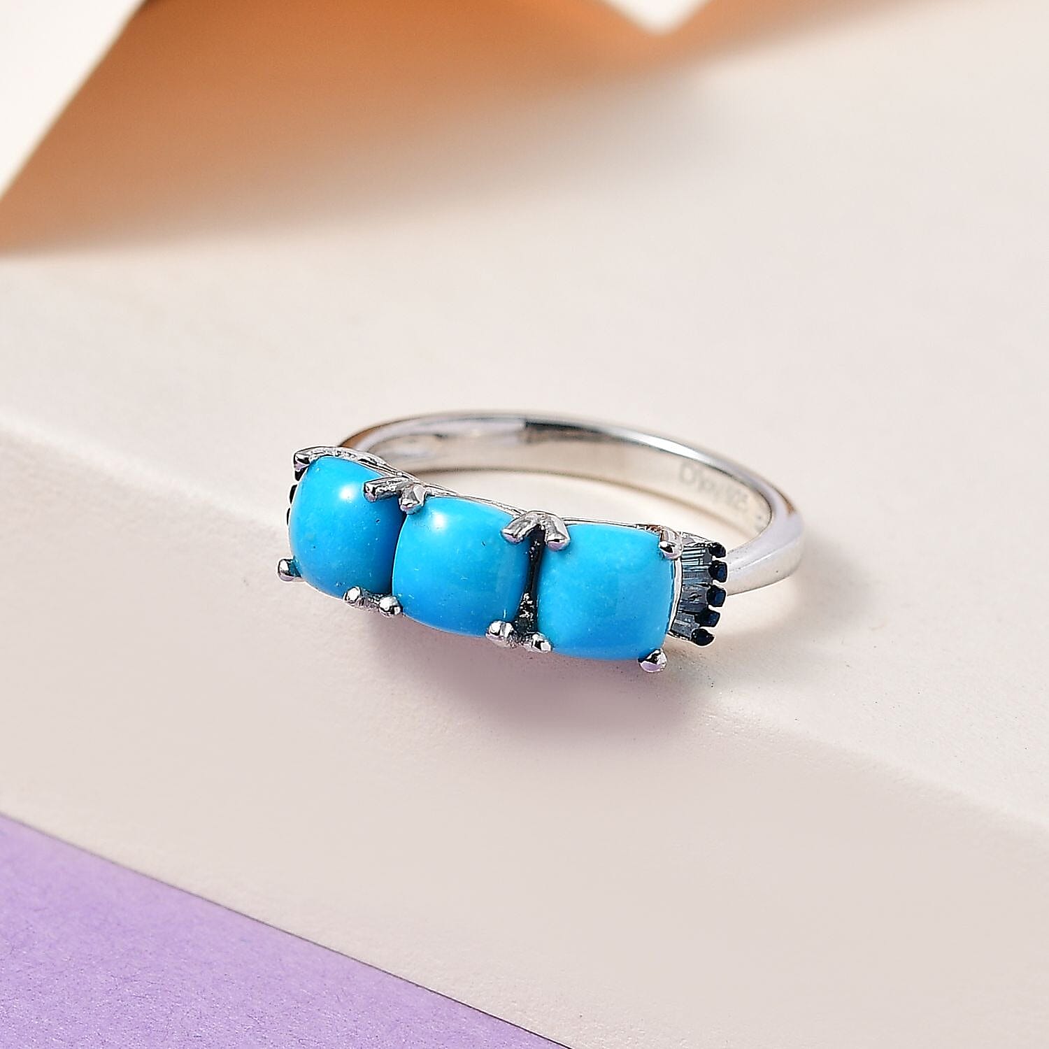 Sleeping Beauty Turquoise and Blue Diamond Trilogy Ring in Platinum Over Sterling Silver (Size 5.0) 1.85 ctw