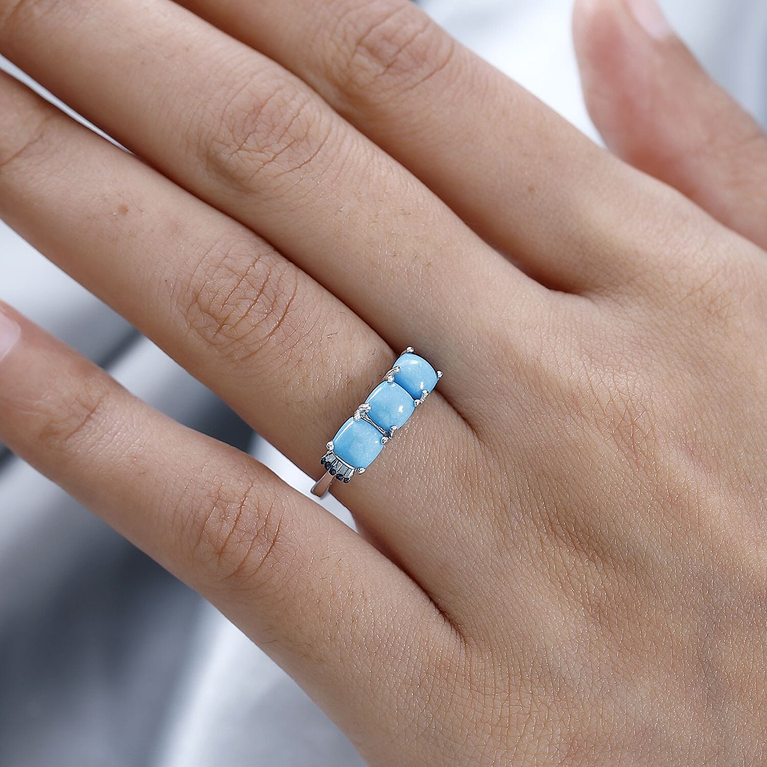 Sleeping Beauty Turquoise and Blue Diamond Trilogy Ring in Platinum Over Sterling Silver (Size 5.0) 1.85 ctw