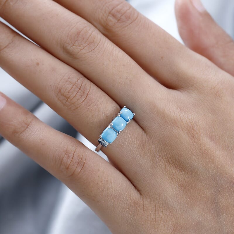Sleeping Beauty Turquoise and Blue Diamond Trilogy Ring in Platinum Over Sterling Silver (Size 5.0) 1.85 ctw