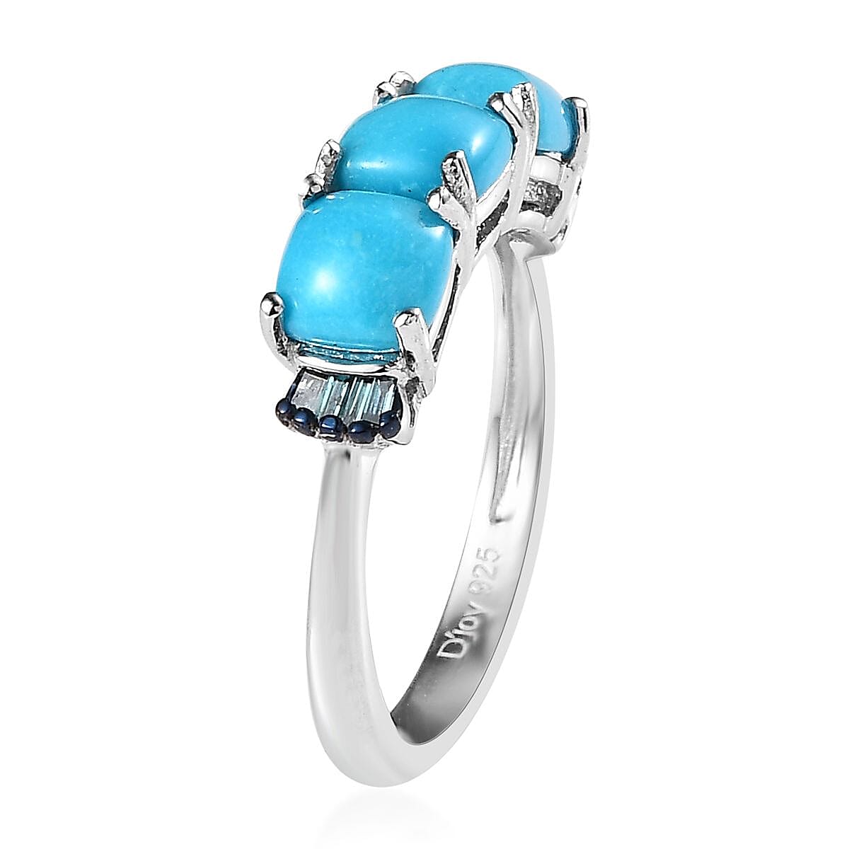 Sleeping Beauty Turquoise and Blue Diamond Trilogy Ring in Platinum Over Sterling Silver (Size 5.0) 1.85 ctw