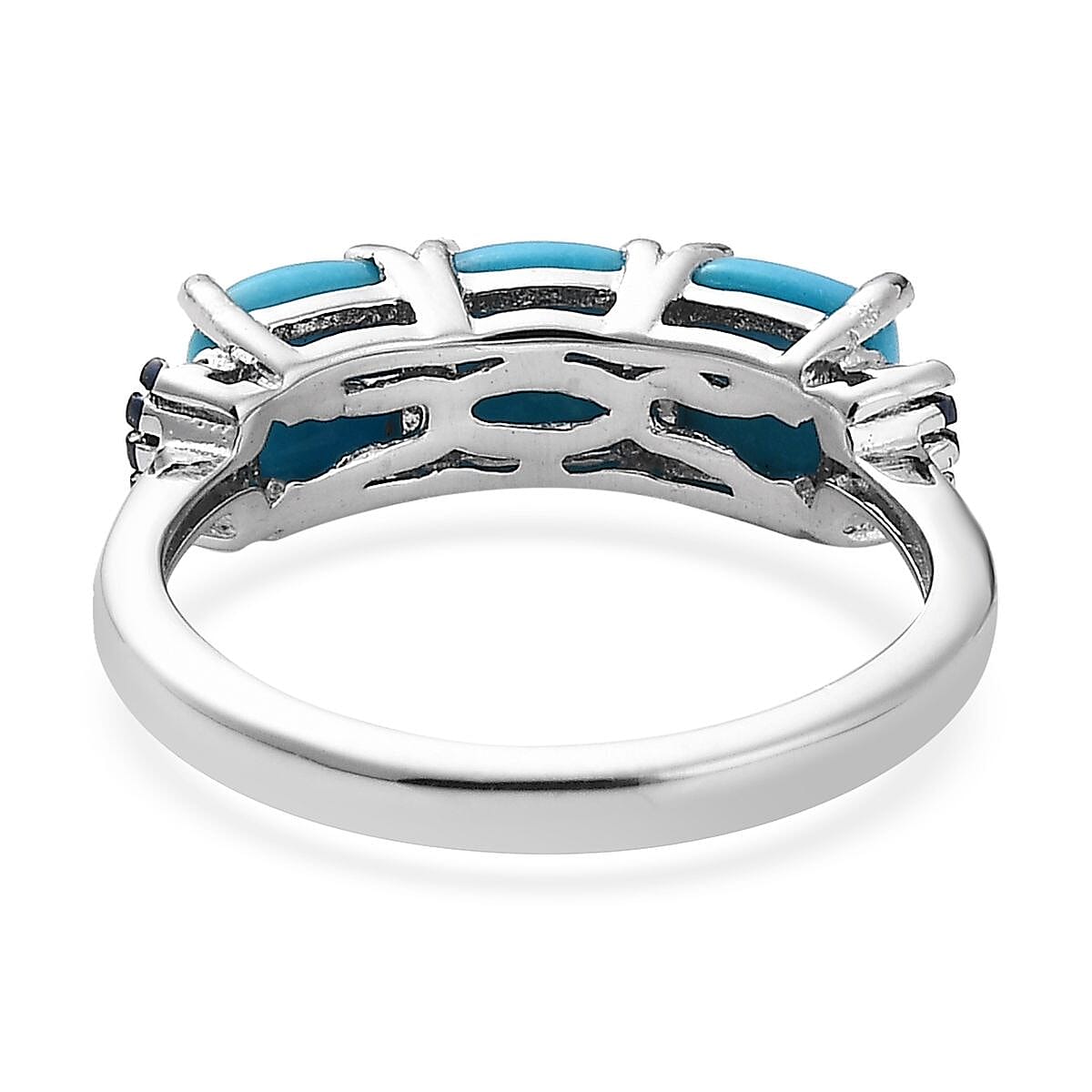 Sleeping Beauty Turquoise and Blue Diamond Trilogy Ring in Platinum Over Sterling Silver (Size 5.0) 1.85 ctw
