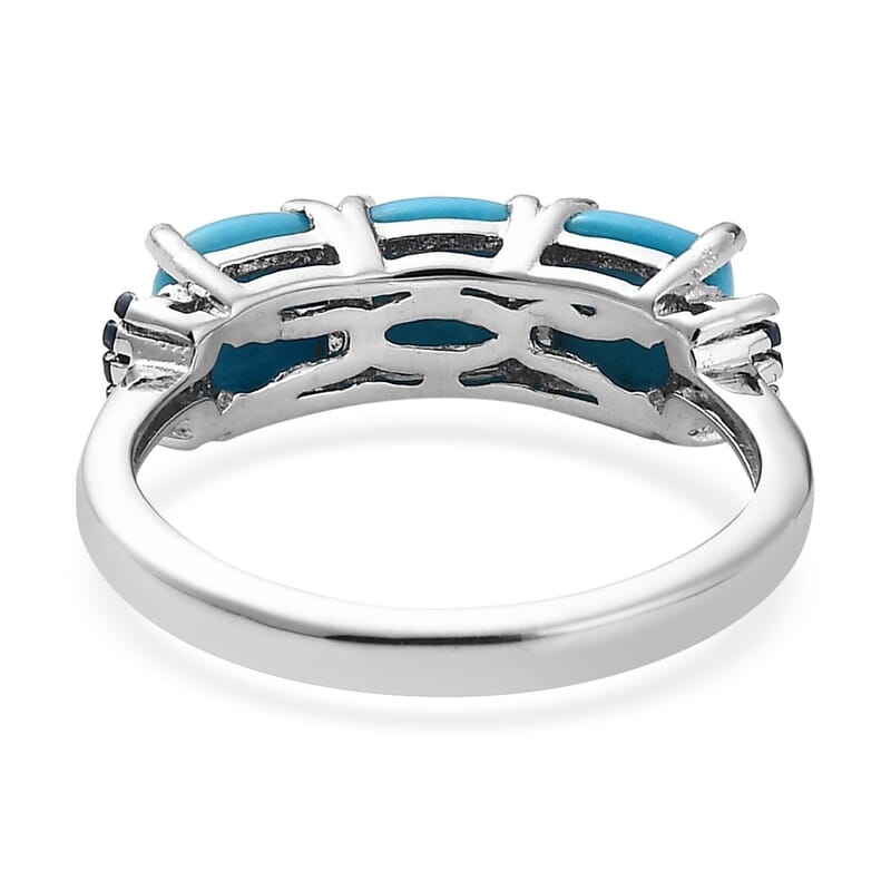Sleeping Beauty Turquoise and Blue Diamond Trilogy Ring in Platinum Over Sterling Silver (Size 5.0) 1.85 ctw