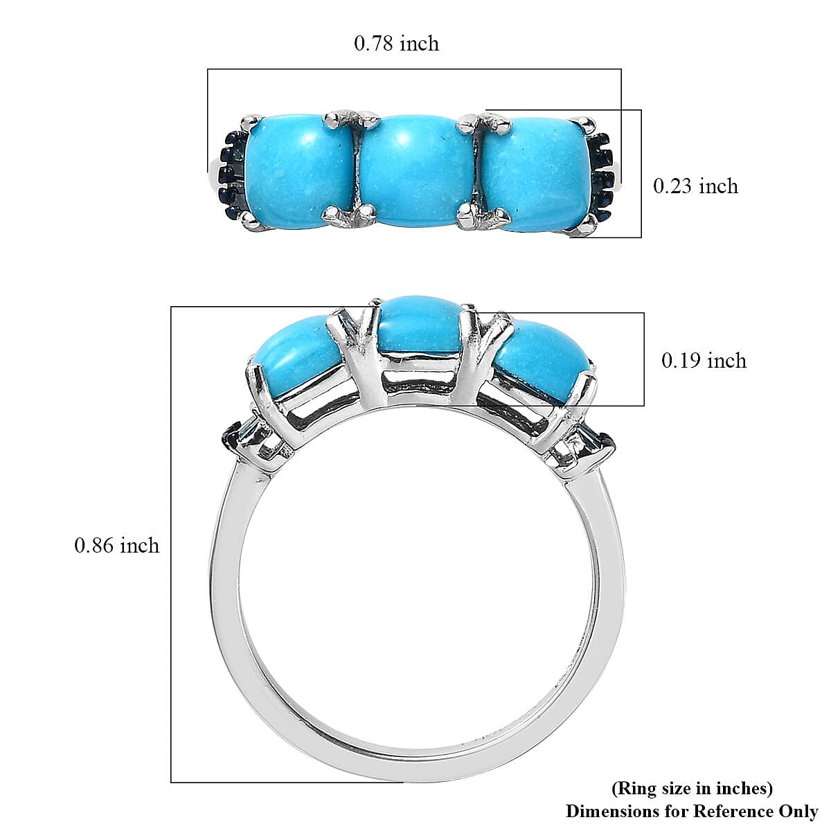 Sleeping Beauty Turquoise and Blue Diamond Trilogy Ring in Platinum Over Sterling Silver (Size 5.0) 1.85 ctw