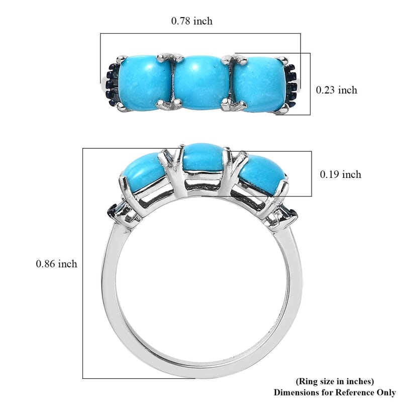 Sleeping Beauty Turquoise and Blue Diamond Trilogy Ring in Platinum Over Sterling Silver (Size 5.0) 1.85 ctw