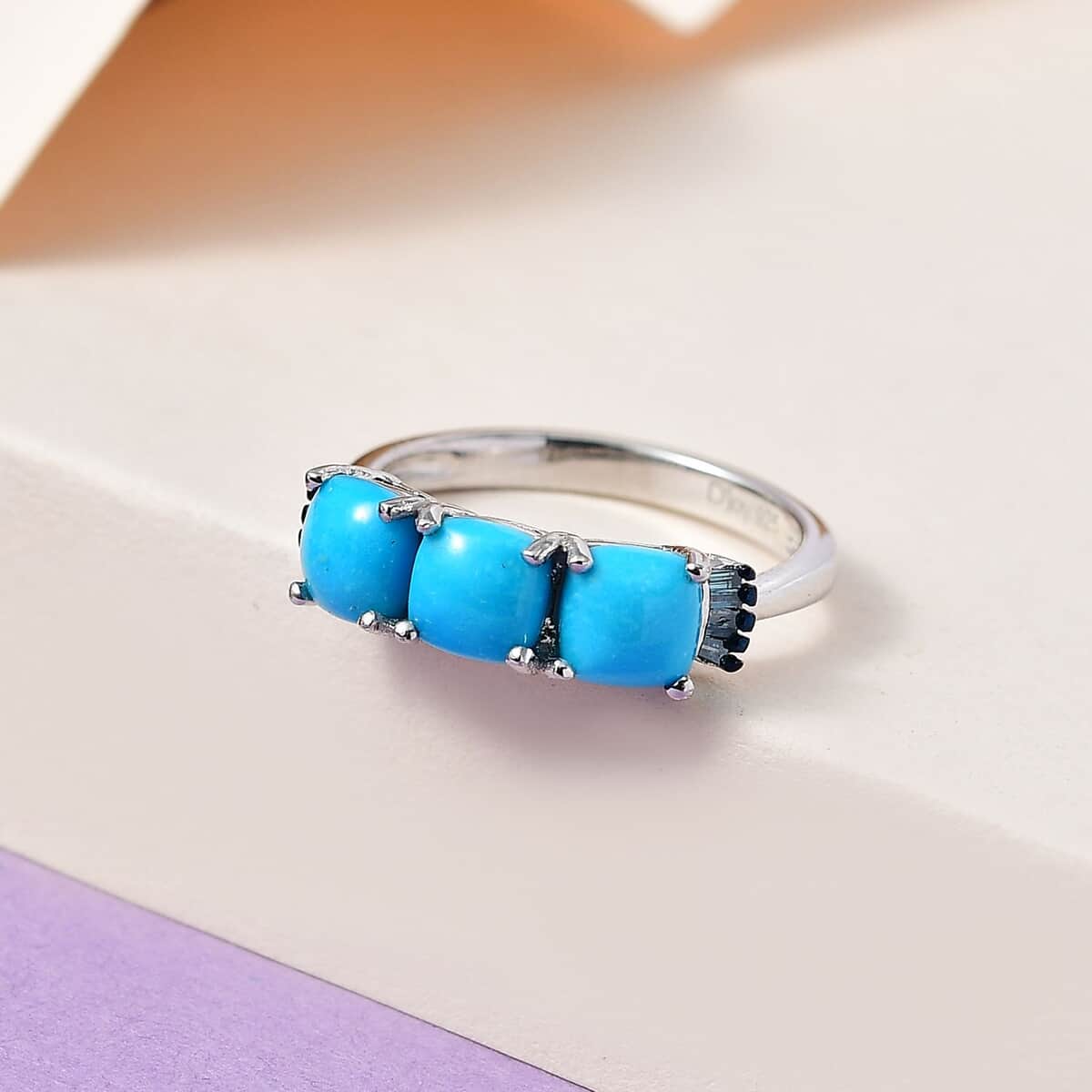 Sleeping Beauty Turquoise and Blue Diamond Trilogy Ring in Platinum Over Sterling Silver (Size 9.0) 1.85 ctw image number 1