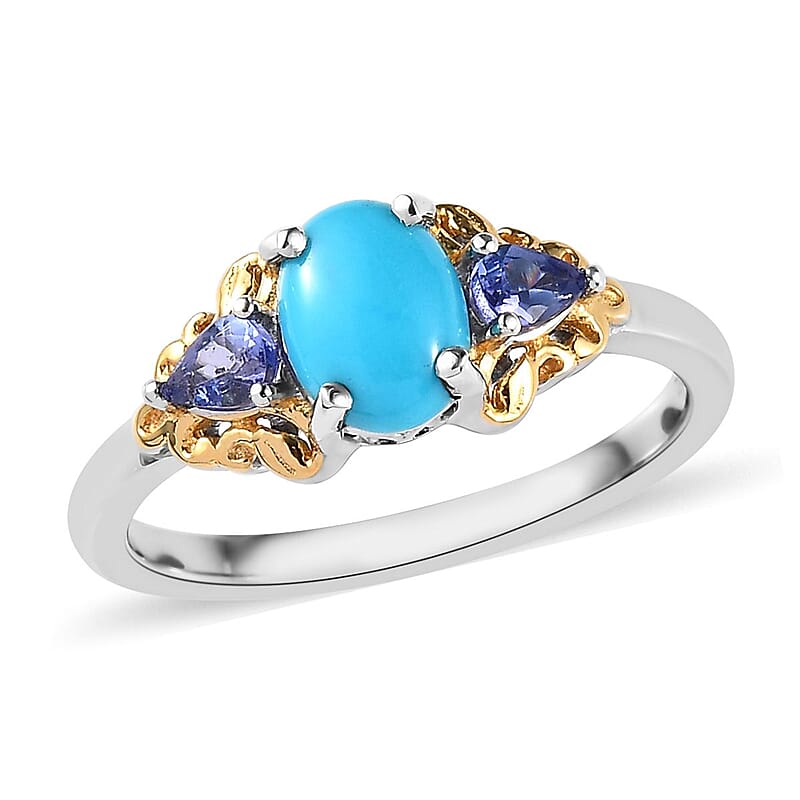 Sleeping Beauty Turquoise and Tanzanite Ring in Vermeil YG and Platinum Over Sterling Silver (Size 10.0) 1.35 ctw