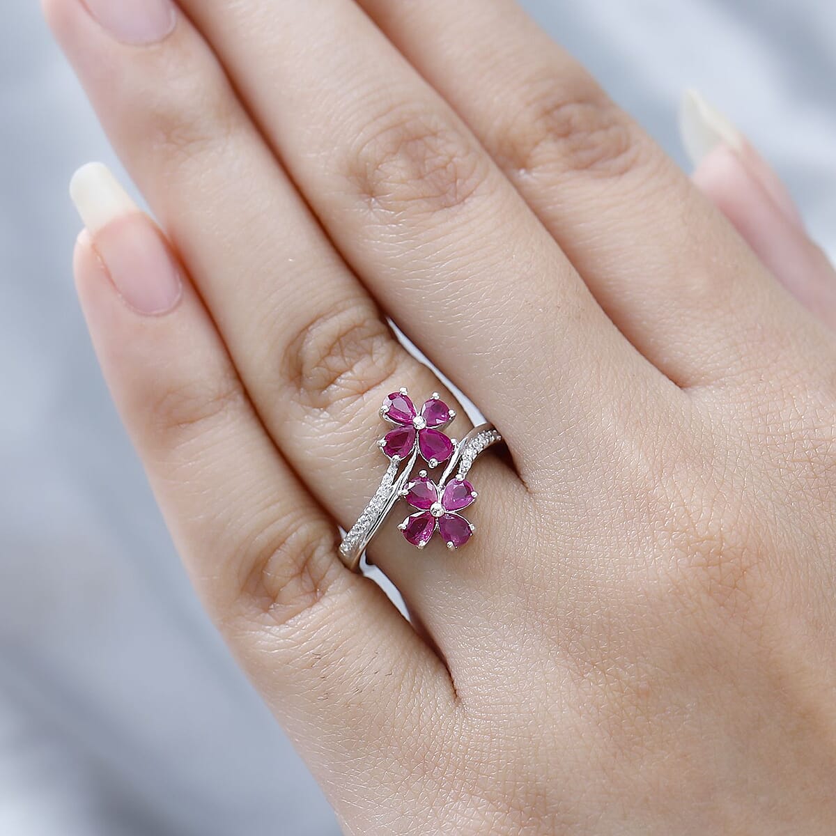Premium Montepuez Ruby and White Zircon Bypass Floral Ring in Platinum Over Sterling Silver (Size 6.0) 1.35 ctw image number 2