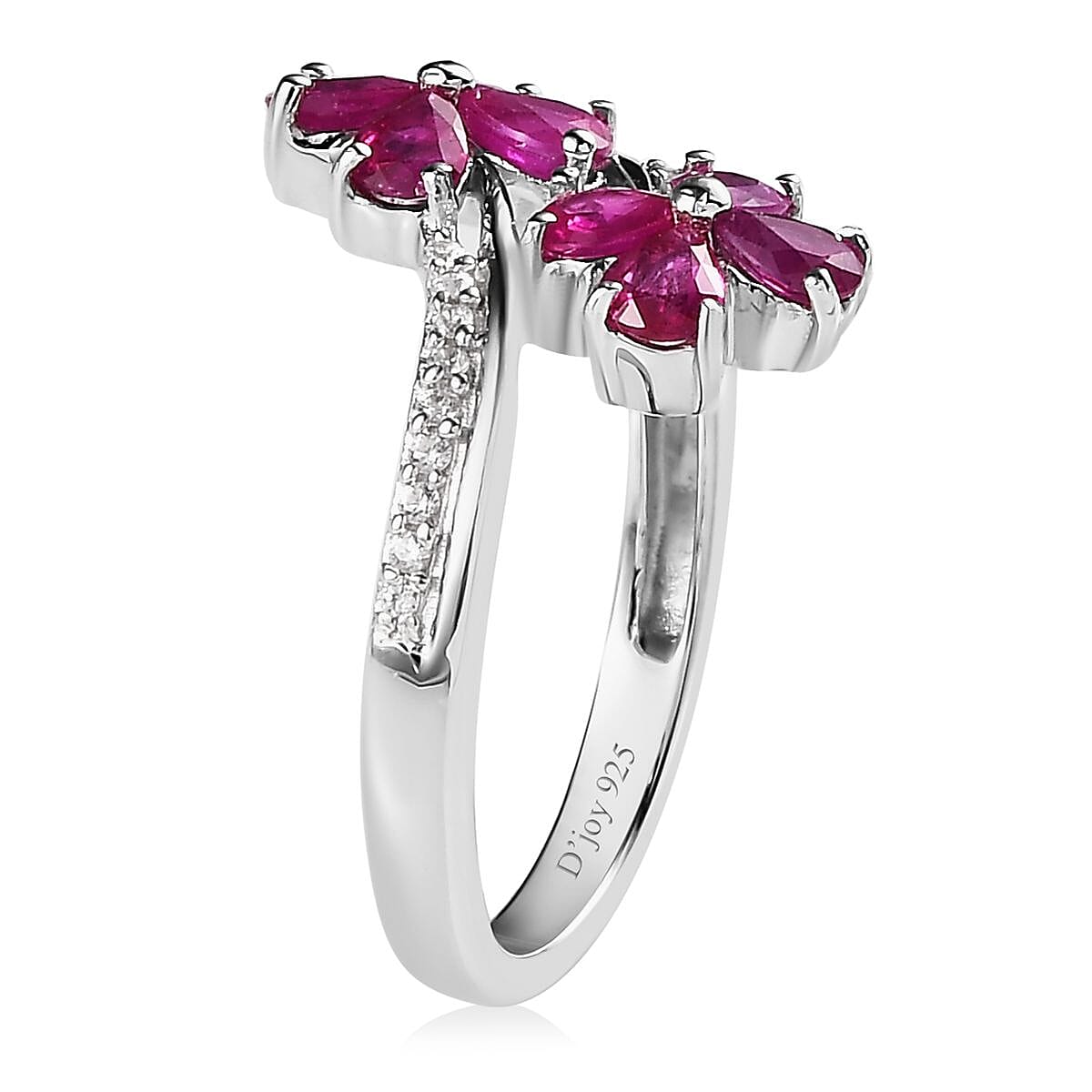 Premium Montepuez Ruby and White Zircon Bypass Floral Ring in Platinum Over Sterling Silver (Size 6.0) 1.35 ctw image number 3