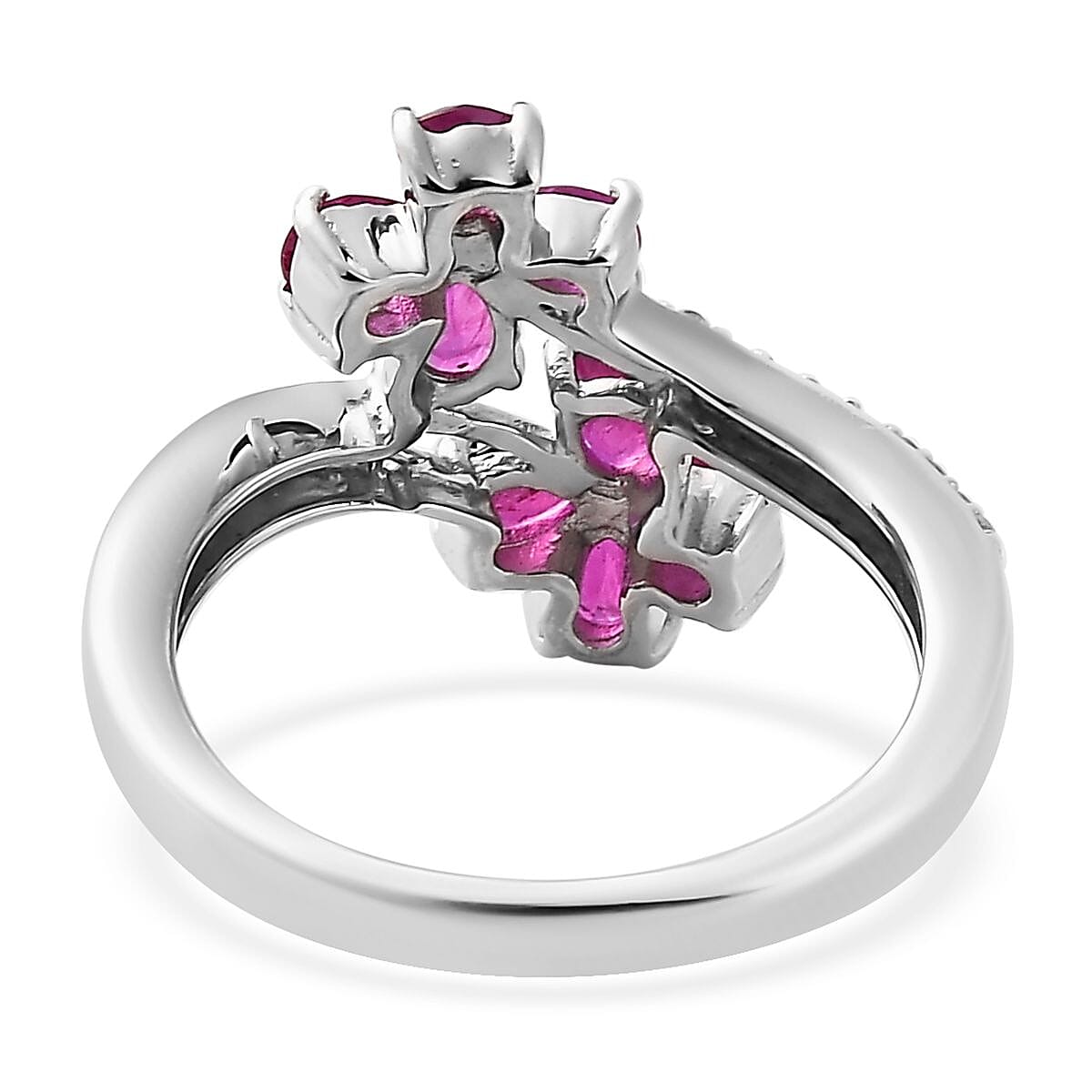 Premium Montepuez Ruby and White Zircon Bypass Floral Ring in Platinum Over Sterling Silver (Size 6.0) 1.35 ctw image number 4