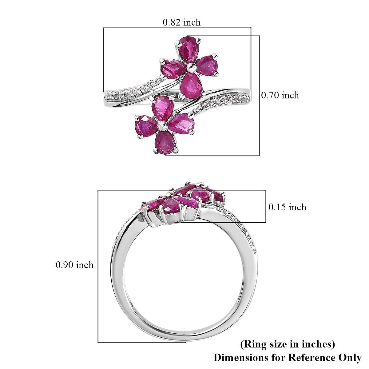 Premium Montepuez Ruby and White Zircon Bypass Floral Ring in Platinum Over Sterling Silver (Size 6.0) 1.35 ctw image number 5