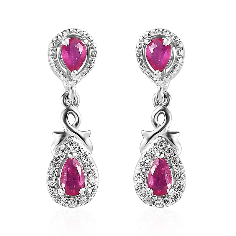 Premium Montepuez Ruby and White Zircon Dangle Earrings in Platinum Over Sterling Silver 1.00 ctw