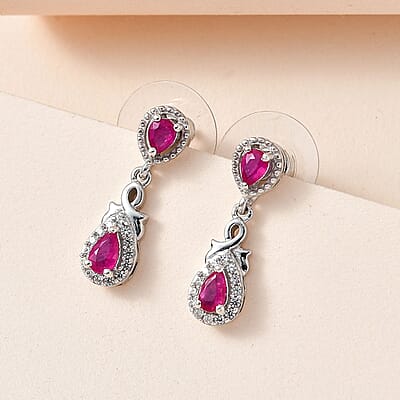 Premium Montepuez Ruby and White Zircon Dangle Earrings in Platinum Over Sterling Silver 1.00 ctw