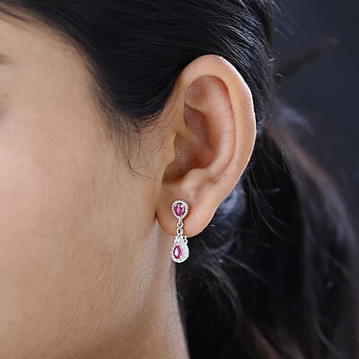 Premium Montepuez Ruby and White Zircon Dangle Earrings in Platinum Over Sterling Silver 1.00 ctw