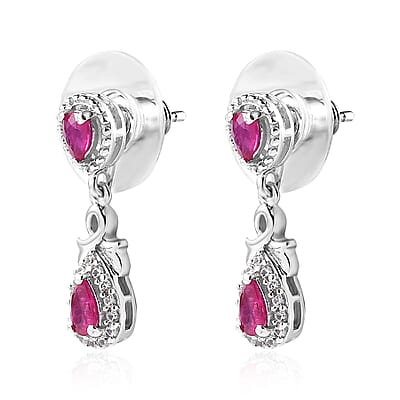Premium Montepuez Ruby and White Zircon Dangle Earrings in Platinum Over Sterling Silver 1.00 ctw