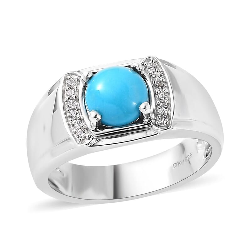 Sleeping Beauty Turquoise and White Zircon Men's Ring in Platinum Over Sterling Silver (Size 10.0) 1.85 ctw